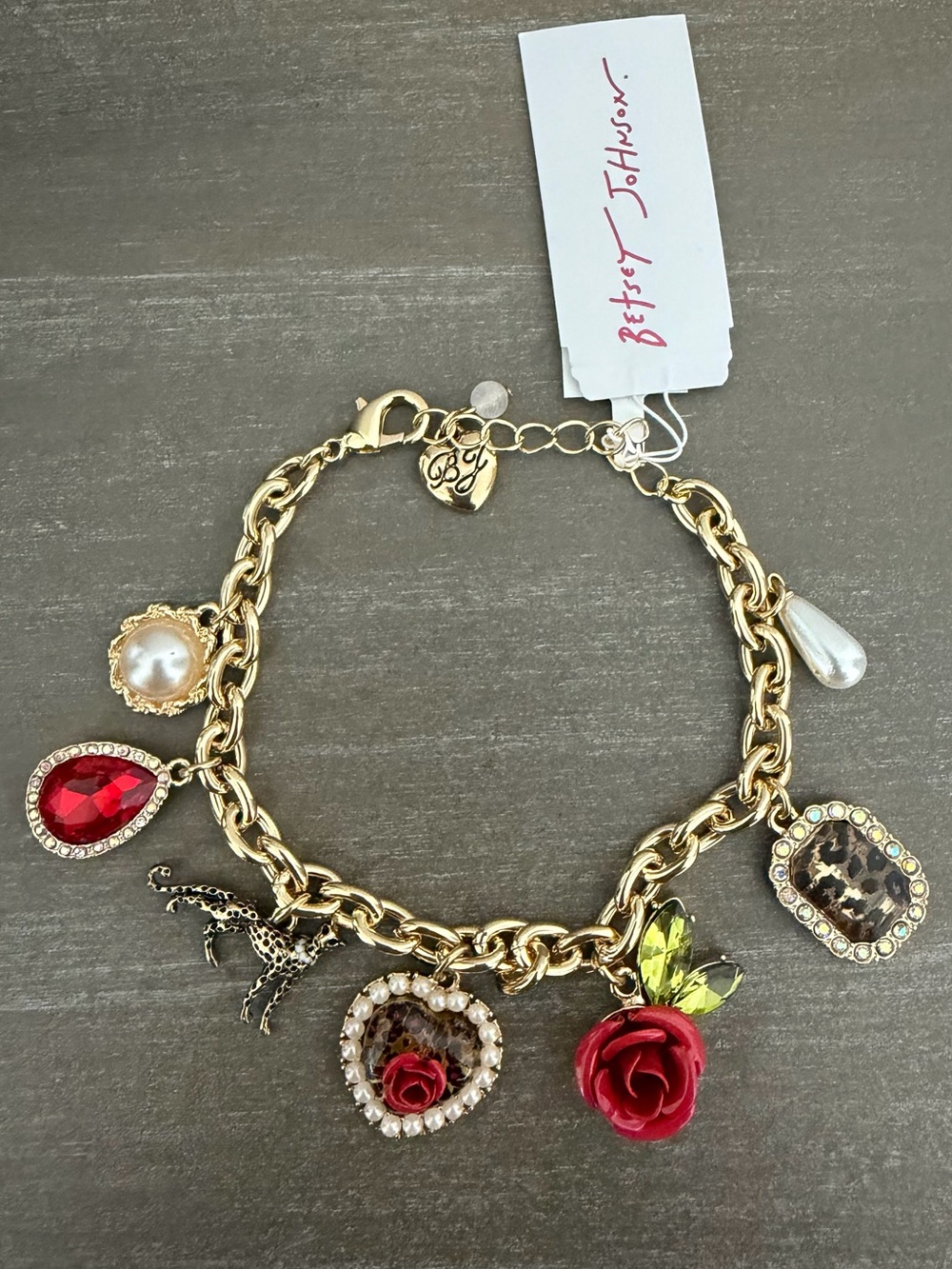 NWT Betsey Johnson Leopard & Rose Charm Gold Tone Bracelet